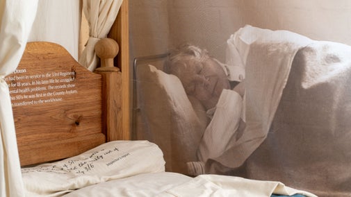 Curtain with image of man sleeping in bed